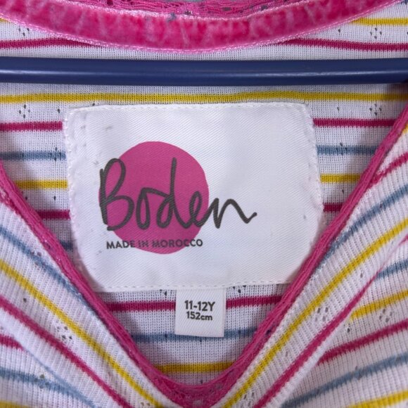Mini Boden Shirt Girls 11/12 Pink Blue Stripe Pointelle Lace Trim Long Sleeve - Picture 6 of 10